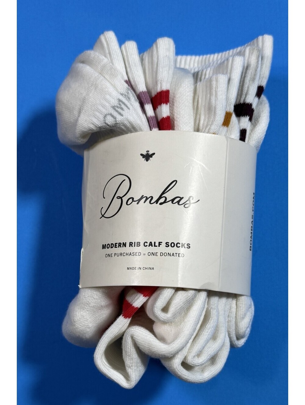 4 pack Bombas Modern Rib Calf Socks Supima Cotton White with Stripe Womens Small